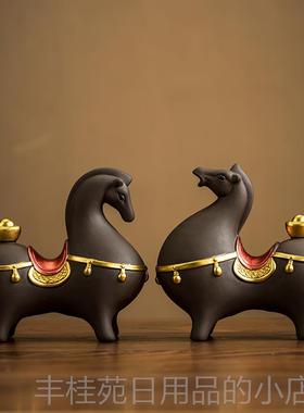 正品马发茶财瓷马陶摆件新中式客厅酒柜办公室玄关桌面装饰品唐上