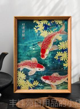 正品红色运鲤锦鱼铜雕画 面画桌摆件手工錾刻客厅装饰画 画摆好台