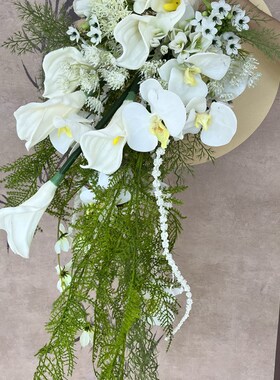 园林复古拍照瀑布手捧花仿真花白色蝴蝶兰婚礼装饰新娘结婚手捧花