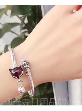 正品999纯时银手镯子女202日5新款红刚玉韩尚网红狸手环送女友狐