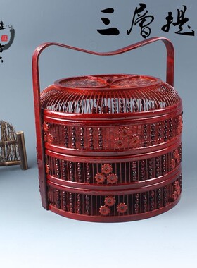 竹篮子圆形食盒提篮水果篮竹编制品家用送餐红色结婚礼篮竹粽子盒