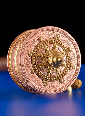 手摇转筒底座西藏族民族黄铜家用红铜转轮八吉祥大小号双轴承摆件