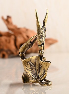 螃蟹装饰摆件手工黄铜仿古荷叶螃蟹茶玩创意茶台茶桌盆景鱼缸造景