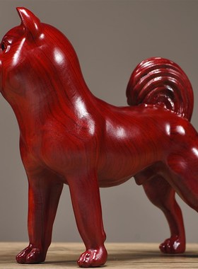 红色木质狗摆件大黄狗客厅布局装饰木雕生肖狗实木制公狗木制母犬