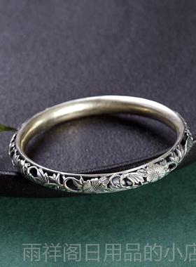 正品熙素创芙覆浮古镂空银手镯女富贵蓉花立原体手工雕做旧款纯银