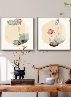 新中式禅意荷花餐厅装饰画玄关挂画中国风客厅茶室背景墙莲花壁画