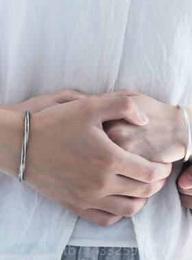 高档纯银镯手子男女开999莫比乌斯古法白刻银手环情侣口字情人节