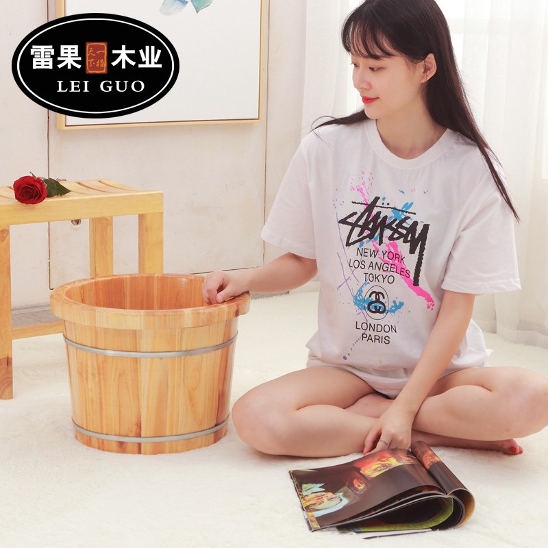 香杉木足浴木盆浴足桶高30cm包边足疗洗脚木桶实木泡脚桶浴足盆 - 图0