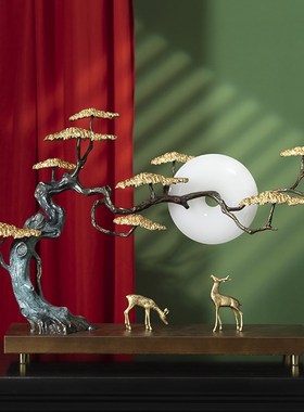 柏梵高档黄铜福鹿迎客松摆件玄关客厅办公室招财装饰乔迁开业礼品