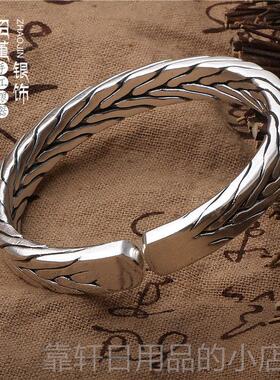 正品工编织999足银男女情侣泰手手镯开口九股编织缠银花绵麻纯银