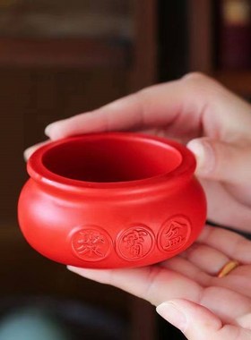 红朱砂聚宝盆摆件红色聚宝盆朱砂开运装饰品摆设放钱礼品