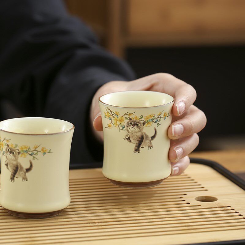 Cute cat beige Ru kiln teapot large capacity lifting beam single pot household tea set accessories tea cup tea can tea ceremony