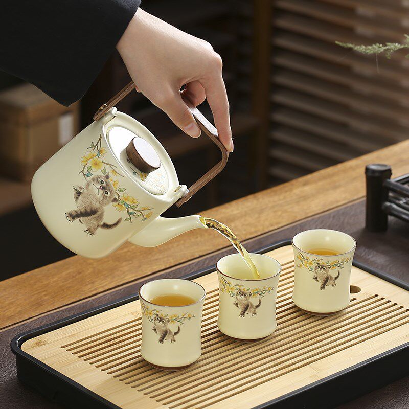 Cute cat beige Ru kiln teapot large capacity lifting beam single pot household tea set accessories tea cup tea can tea ceremony