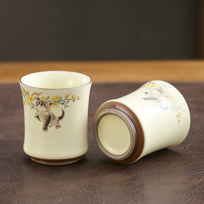 Cute cat beige Ru kiln teapot large capacity lifting beam single pot household tea set accessories tea cup tea can tea ceremony