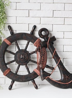 实木船舵轮舵方向盘橱窗摆件挂件彷古舵手组合墙壁装饰品挂饰