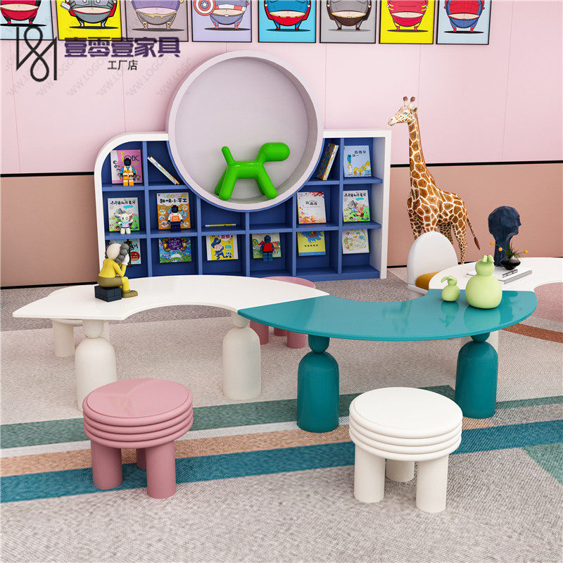 Sales office children's table and chair combination, overhead floor, early education center reading area, solid wood handmade tables and chairs, special-shaped customization