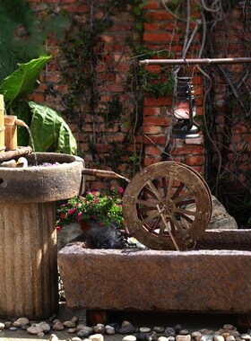 石槽流水摆件阳台鱼池室内玄关石磨造景马槽水景观民宿花园装饰品