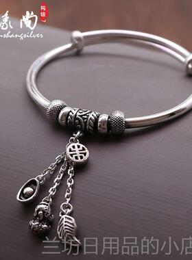 高档9999拉足银流手镯覆古纯银苏款貔貅福袋叶子坠吊推银镯子女送