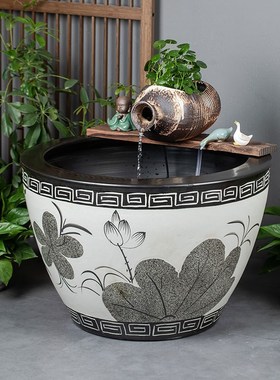 陶瓷鱼缸石槽古法养鱼水循环装饰陶罐流水造景摆件水池花园喷泉