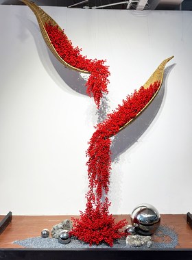 竹艺船竹编中式花艺婚礼堂酒店橱窗展厅创意花器红色空间装饰挂件