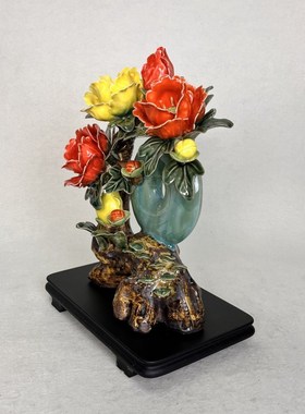 玉璧牡丹花开富贵陶瓷摆件石湾公仔