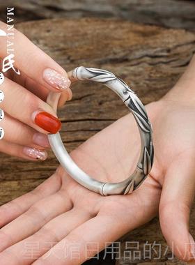 正品寸银银坊性云南理大足女时尚个竹子节节高开口银手镯年轻款.