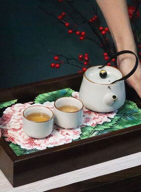 23*33老榆木托盘手工镶嵌瓷板画收纳茶台桌摆装饰工艺礼品