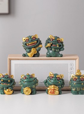 创意旺来福袋小狮子一对摆件高档礼品手绘元宝铜币风狮爷桌面装饰