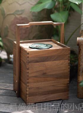 高档中匠心坊新木饰式茶室装黑胡桃实收纳复古提盒客厅茶道禅意摆