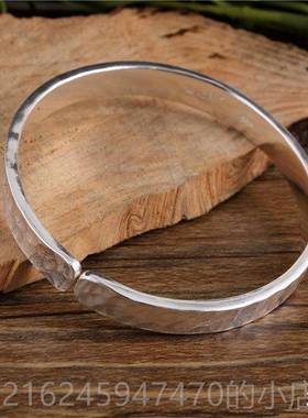 高档足银锤纹手工敲打制精致锤子99侣9纯银男女情款银手镯磨定纯