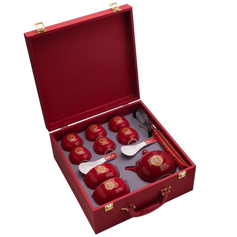 Wedding tea cup, newlywed household Chinese-style ceramic tea set, wedding dowry, high-end national style wedding box, pair of cups
