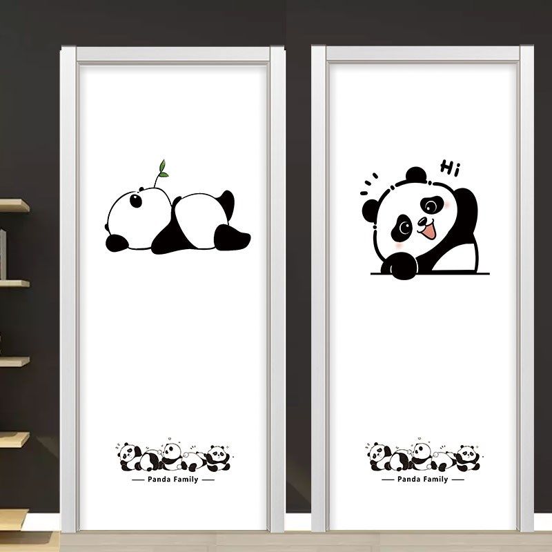 定制熊猫门贴纸自粘玻璃门水井电梯木门卧室门遮丑翻新创意门贴纸 - 图0