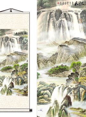 客厅竖版山水背景卷轴挂画办公室玄关风景靠山画源远流长装饰壁画