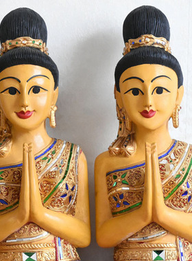 泰国迎宾女落地风格东南亚风情装饰人物雕塑招财礼佛用品泰式摆件