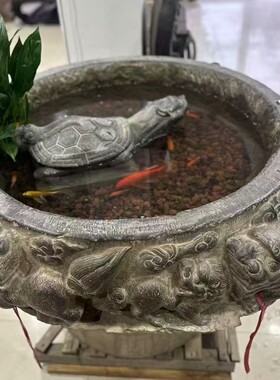 青石仿古鱼缸圆形做旧养鱼池酒店会所大厅石雕摆件四合院流水摆件