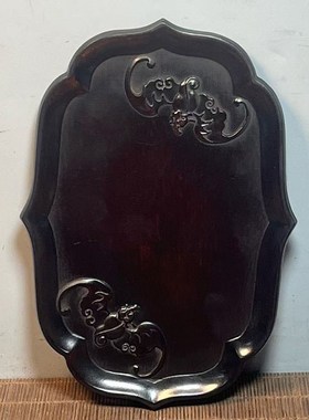 古董文玩黑檀木雕蝙蝠纹茶盘整木托盘桌面摆件果盘贡盘复古盘子