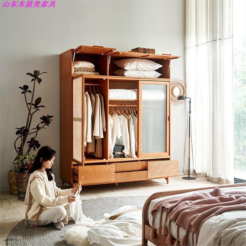 Japanese-style bedroom household large-capacity storage cabinet simple modern log glass wardrobe sliding three-door solid wood wardrobe