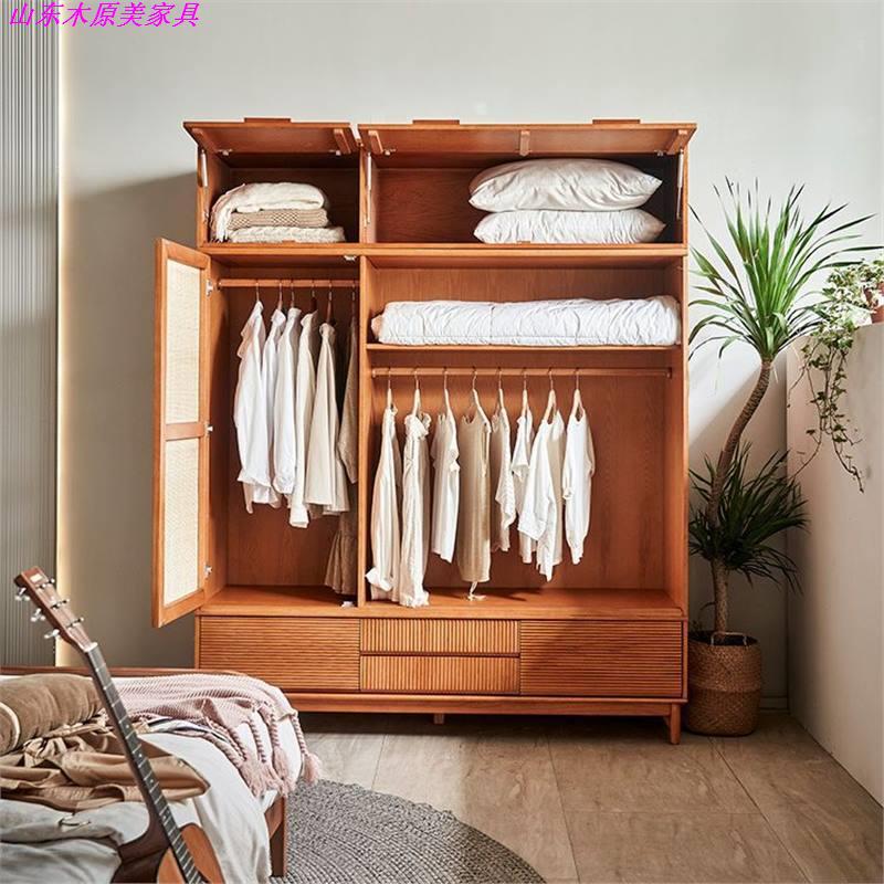 Japanese-style bedroom household large-capacity storage cabinet simple modern log glass wardrobe sliding three-door solid wood wardrobe