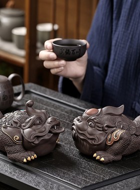 紫砂招财金蟾家居装饰摆件客厅办公室酒柜茶室茶桌面摆设茶宠茶玩
