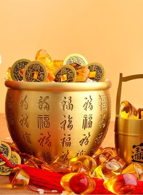招财进宝百福铜缸聚宝盆纯黄铜米缸客厅摆件家居聚财小铜盆存钱罐