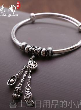 高档9999银手镯覆古纯银流苏款貔貅福坠袋叶子吊推足银镯子女送拉