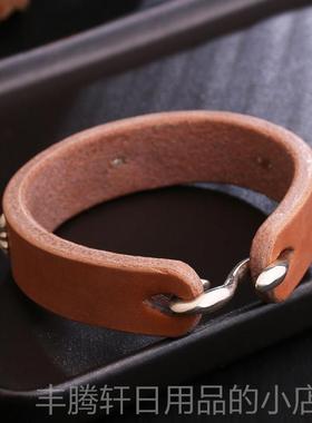 正品宽版手工皮枥木鞍革皮9真25银菊花吾钉覆古高桥郎风格手环手