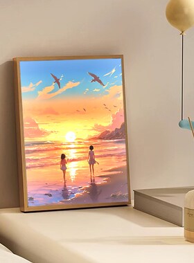 海边日出画灯相框床头发光小夜灯阳光装饰画治愈系风景挂画灯光画