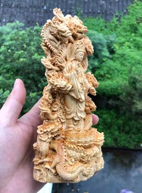 崖柏黄杨木雕刻九龙龙观音御龙菩萨人物神像摆件家居佛堂供奉饰品