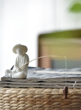 创意姜太公钓鱼陶瓷摆件人物微景观茶桌造景鱼缸流水器桌面装饰品