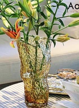 网红琥百合花玻花1209瓶珀色古波纹玻璃瓶桌璃面绿萝花瓶摆复件