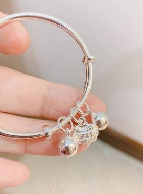 高档银999纯银足银岁福字平锁铃铛长命锁手镯纯长命富贵宝宝周礼