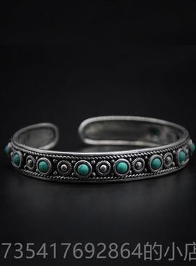 正品民族风925纯环银手覆古原款开口镯藏族特色做旧手游牧草风蒙