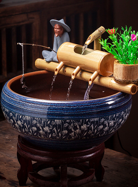 养鱼过滤器鱼缸循环流水造景摆件简约现代创意竹子流水陶瓷缸增氧