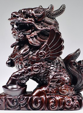 一对麒麟摆件黑檀实木雕刻公母神兽动物家居玄关装饰开业乔迁送礼